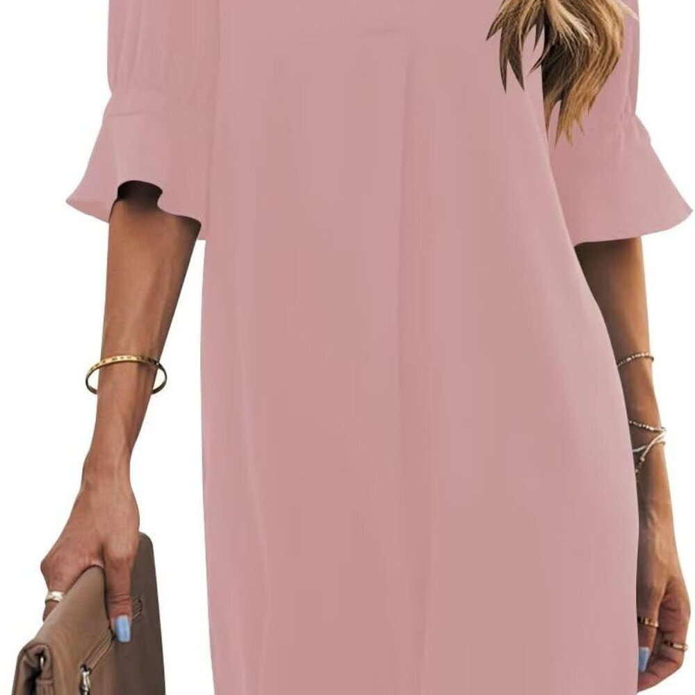 Shift Dress for Women V Neck Short Sleeves Solid Color Casual Flowy Summer Dress
